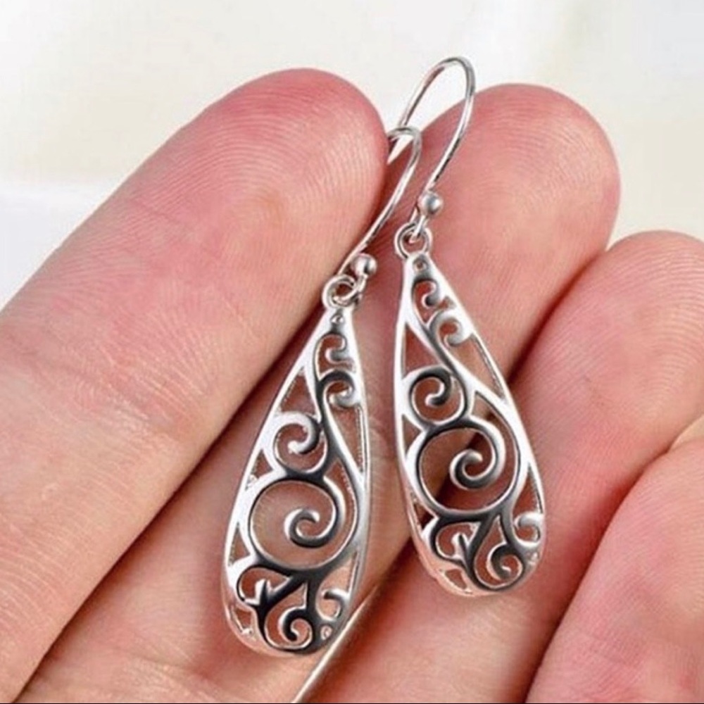 Any 2/$20! Silver Openwork Teardrop Boho Earrings - Picture 3 of 10